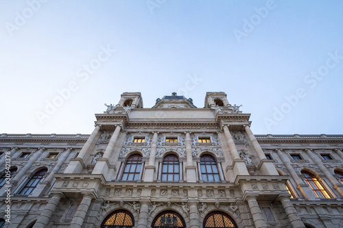 Main facade of the Naturhistorisches Museum Wien at dusk. It is the main natural history museum of Vienna, Austria, and a major landmark of the imperial austro hungarian architecture