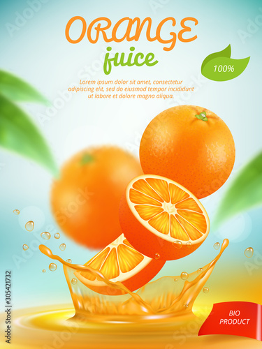 Juice placard. Advertizing banner with orange fresh fruit slice in liquid splashes vector template. Juice orange banner, beverage liquid, fruit fresh drink illustration