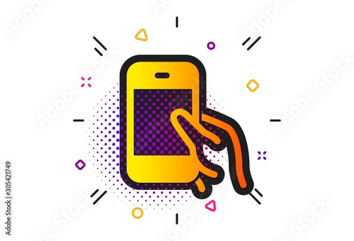 Give Cellphone or Phone sign. Halftone circles pattern. Hold Smartphone icon. Ð¡ommunication Mobile device symbol. Classic flat hold Smartphone icon. Vector