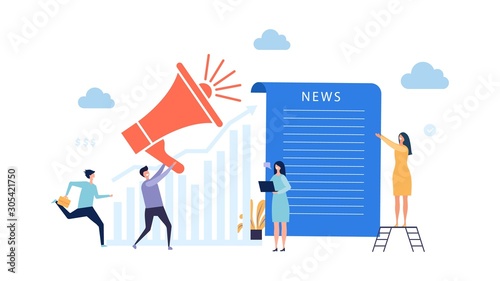 News update. Vector breaking news concept. Reportage illustration with tiny people. Communication breaking news, people and media page