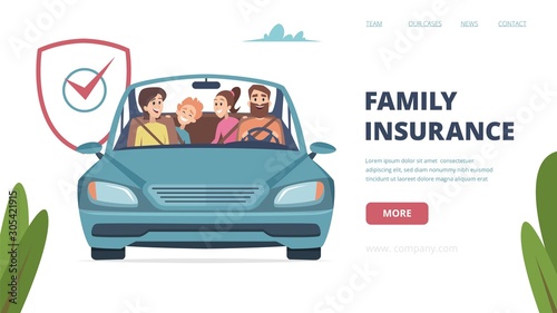 Family insurance landing page. Insurance banner with happy family in car. Cartoon parents with kids vector illustration. Family insurance and protection, business care against accident