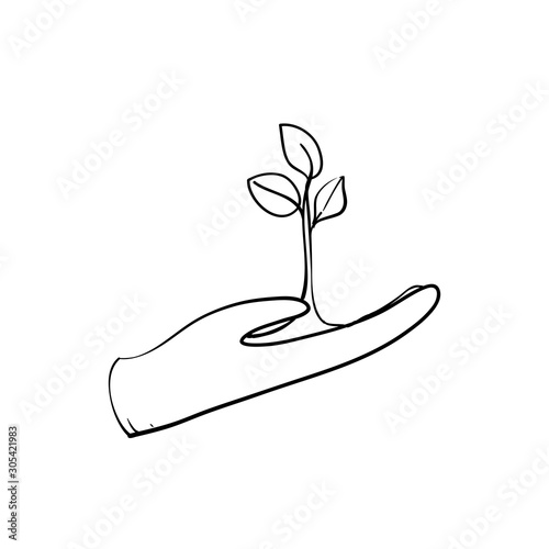 Plant in hand. Vector icon with hand drawn doodle cartoon style isolated on white background
