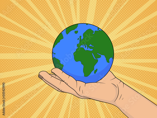 Planet Earth in the hands of man.  Pop Art vintage vector illustration
