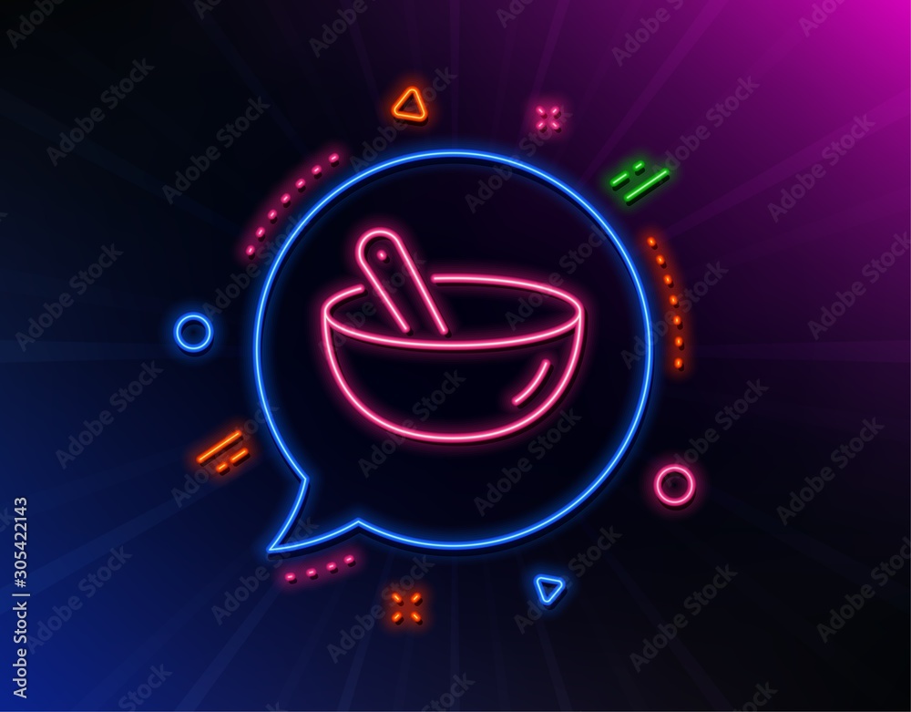 Cooking mix line icon. Neon laser lights. Bowl with spoon sign. Food preparation symbol. Glow laser speech bubble. Neon lights chat bubble. Banner badge with cooking mix icon. Vector