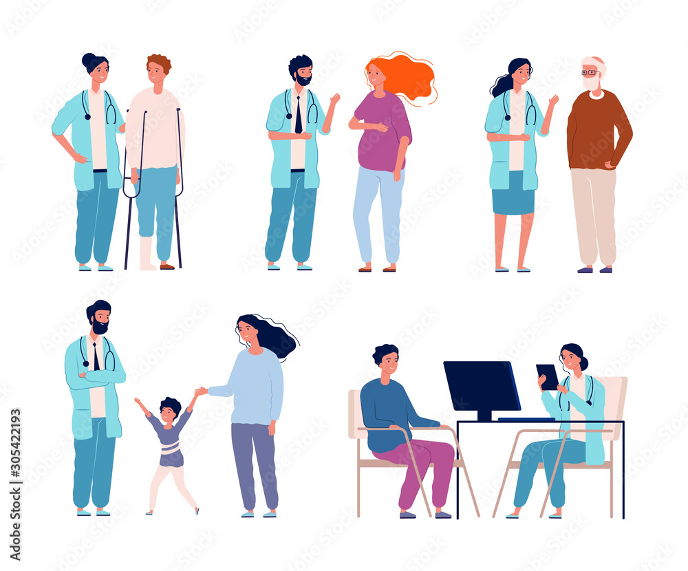Hospital patients. Doctors consulting dialog with patients healthcare groups in clinic vector treatment. Illustration medical care, dialog patient and doctor Hospital patients. Doctors consulting dialog with patients healthcare groups in clinic vector treatment. Illustration medical care, dialog patient and doctor