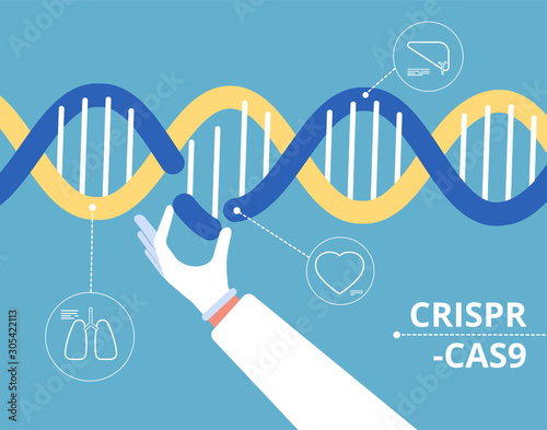 Crispr cas9 concept. Biochemical engineering medical gen research mutation biology dna modification vector background. Illustration helix gene, crispr experiment medical engineering