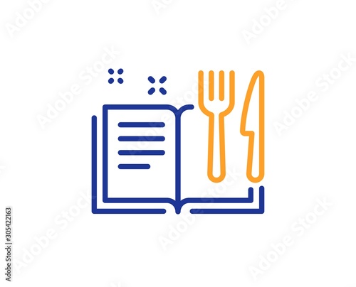 Cutlery sign. Recipe book line icon. Fork, knife symbol. Colorful outline concept. Blue and orange thin line recipe book icon. Vector