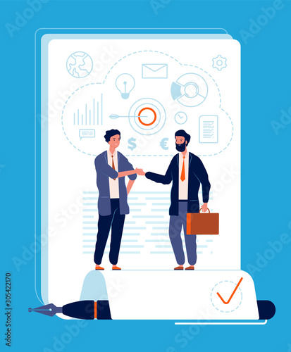 Business agreement. Handshaking person partnership contract signature finance and business investment vector concept. Businessman agreement signature, handshake business, partnership illustration