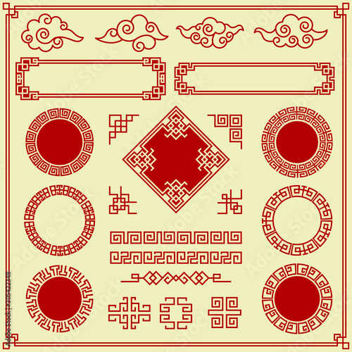 Oriental elements. Ornate clouds frames borders dividers traditional asian graphic decoration vector objects vintage style. Oriental traditional frame decoration illustration