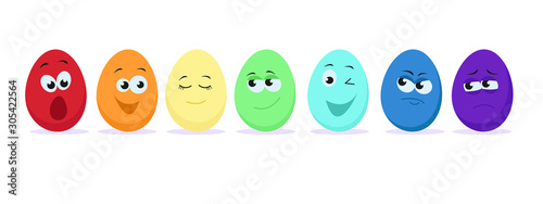 Eggs in the colors of the rainbow, with different emotions. Isolated on white background. Stock vector graphics.