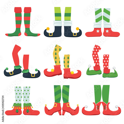 Elf feet. Christmas fairytale character colorful stylish boots santa shoes and leggings vector cartoon set. Elf shoes, feet and legs striped illustration