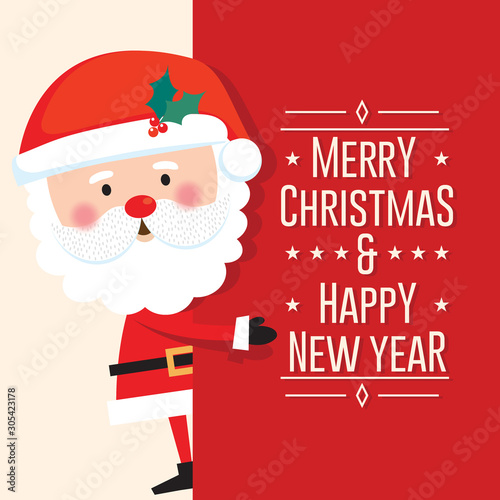 Cute Santa Clause with Merry Christmas and happy new year letter on red background