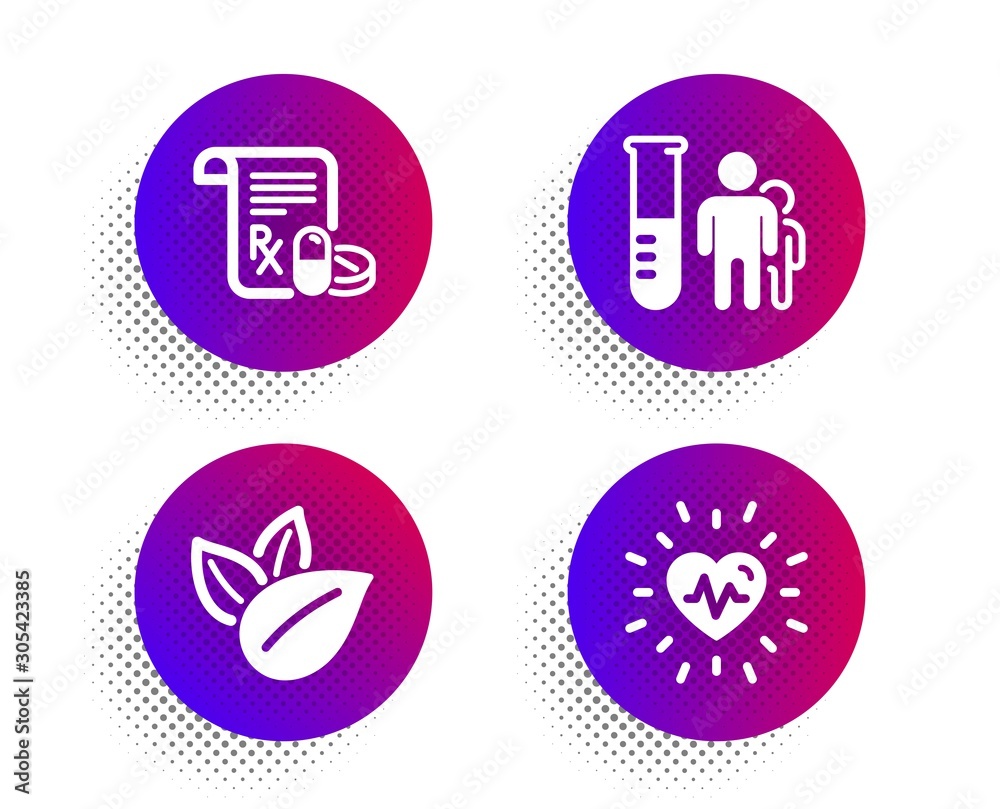 Medical analyzes, Medical prescription and Organic product icons simple set. Halftone dots button. Heartbeat sign. Medicine results, Medicine drugs, Leaves. Healthcare set. Vector