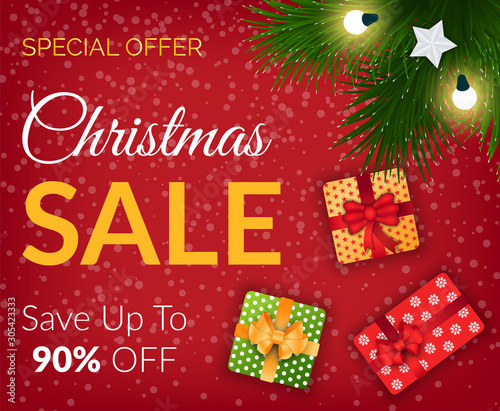 Christmas sale and special offer card, save up to 90 percent off. Winter holiday and business promotion, fir-tree with light and gift box. Flyer with shopping promotion and Xmas decoration vector