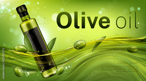 Olive oil bottle mockup banner, glass blank flask floating in liquid green flow with leaves and berries. Vegetable product for healthy cooking promotion advertising. Realistic 3d vector illustration