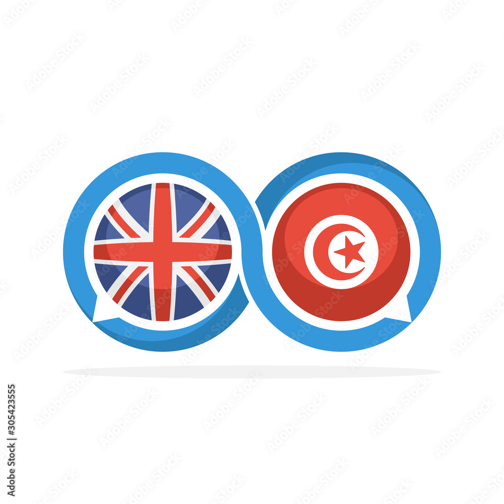 Illustrated icons with English and Tunisian communication concepts Illustrated icons with English and Tunisian communication concepts