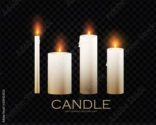 Realistic 3D burining wax & paraffin candles. Candle flame on transparent background.