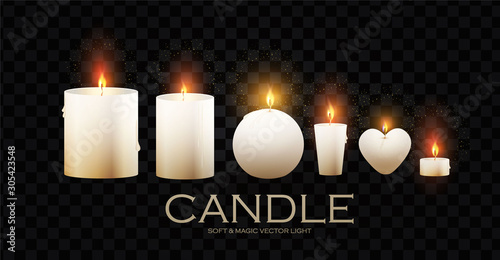 Realistic 3D burining wax & paraffin candles. Candle flame on transparent background.