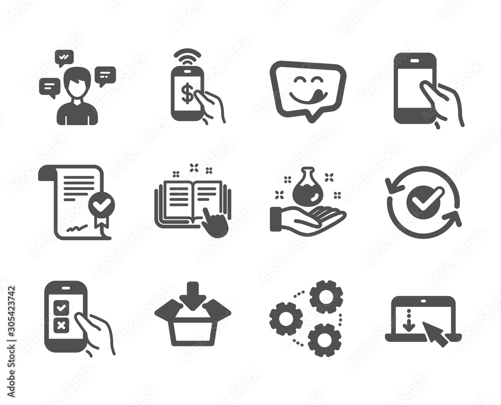 Set of Technology icons, such as Conversation messages, Scroll down, Yummy smile, Mobile survey, Chemistry lab, Approved agreement, Approved, Get box, Gears, Hold smartphone, Phone payment. Vector Set of Technology icons, such as Conversation messages, Scroll down, Yummy smile, Mobile survey, Chemistry lab, Approved agreement, Approved, Get box, Gears, Hold smartphone, Phone payment. Vector