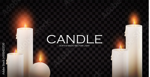 Realistic 3D burining wax & paraffin candles. Candle flame on transparent background.
