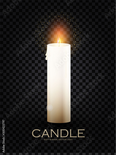Realistic 3D burining wax & paraffin candles. Candle flame on transparent background.