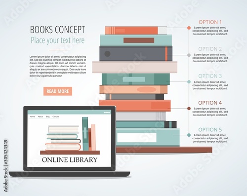 Pile of books and laptop. E-learning concept. Education infographic 