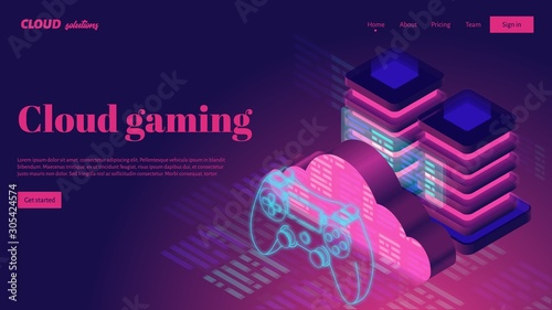 Cloud gaming streaming service. Cloud server and neon game controller vector illustration.