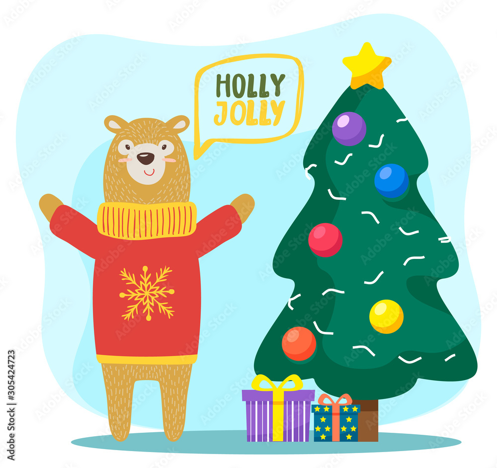 Naklejka premium Holly jolly christmas greeting card with animal and pine tree. Xmas and winter holidays celebration. Bear wearing knitted sweater with snowflake ornament. Spruce with presents and gifts vector