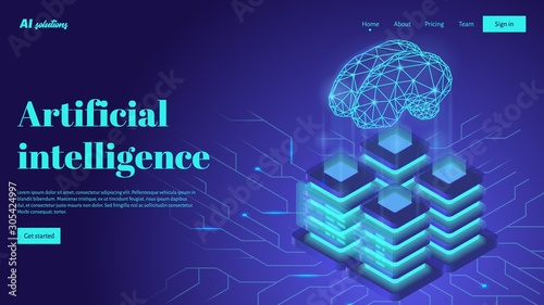 Artificial intelligence landing page header concept with digital brain and neural network.