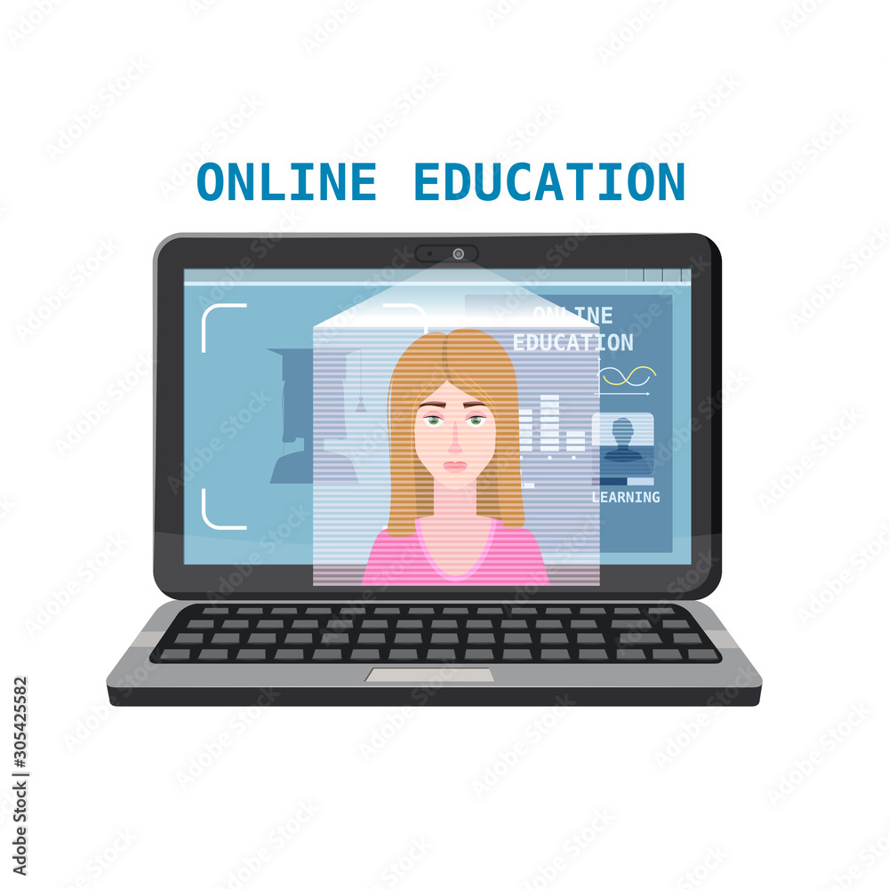 Training, education, online tutorial, e-learning concept. Man out of screen monitor laptop and set icons. Flat vector illustration Training, education, online tutorial, e-learning concept. Man out of screen monitor laptop and set icons. Flat vector illustration