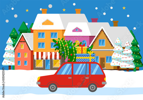 Red car on city street with fir tree and presents on roof. People preparing for christmas celebration. Cityscape with many buildings with snowy trees. Vector illustration of cottages and vehicle © robu_s