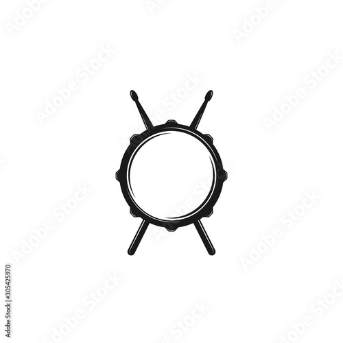 Vector logo of rock school or rock band. Snare drum with drumsticks. Rock music label.