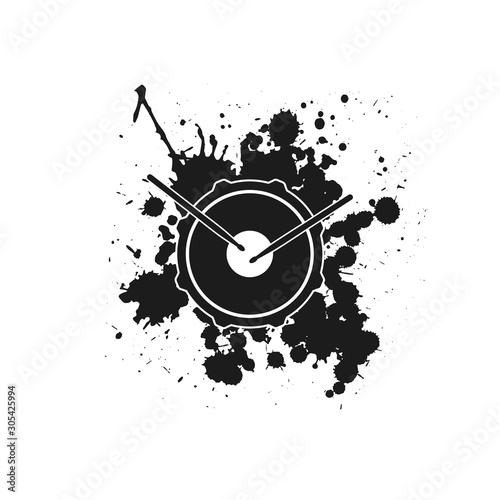 Vector logo of rock school or rock band. Snare drum with drumsticks and ink or paint drops and blots.
