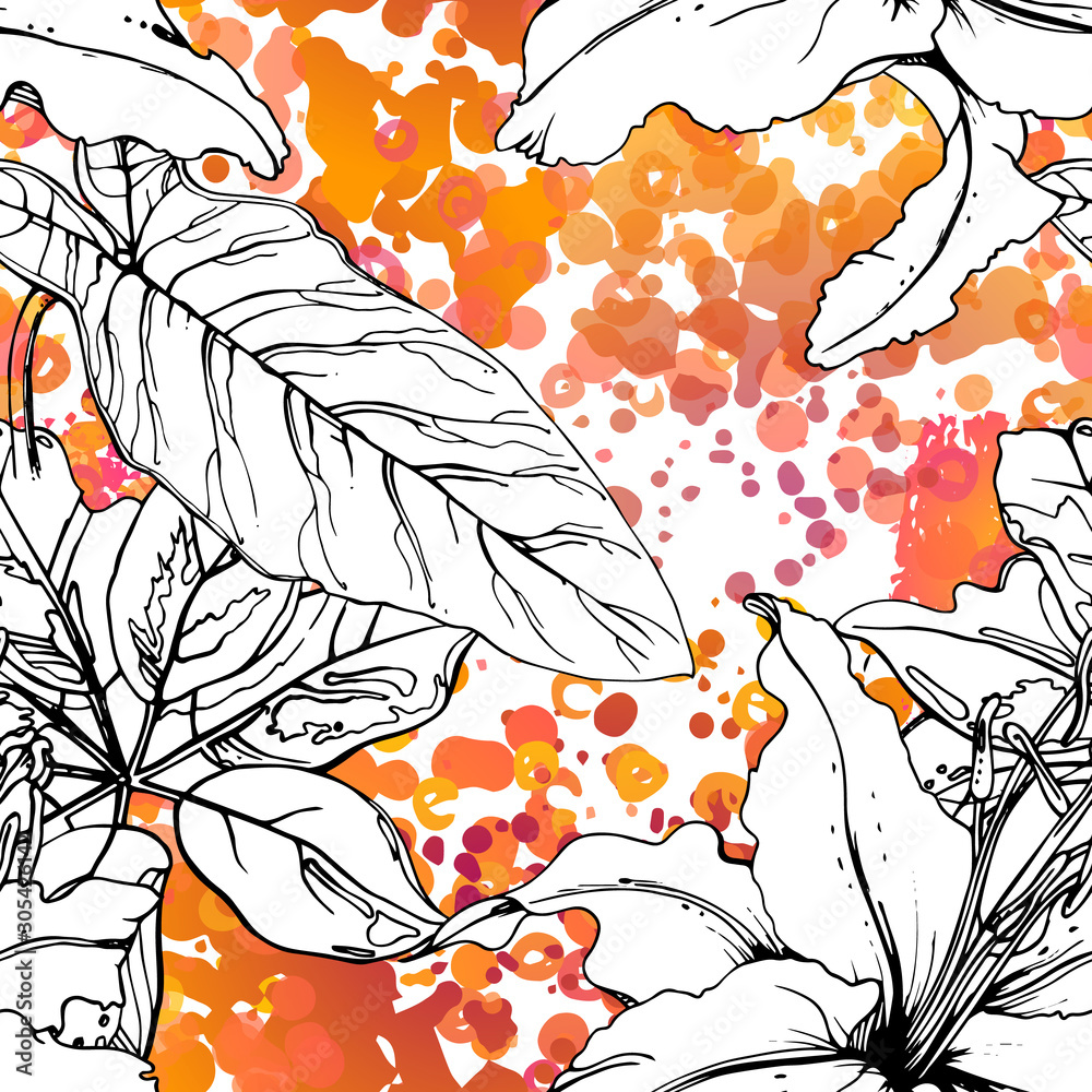 Fototapeta premium Floral Black and White Pattern. Pink