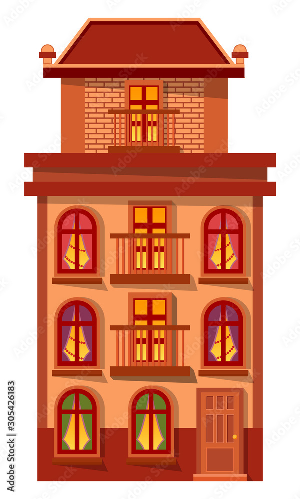 Home with windows and entrance exterior vector. Isolated building with lights from rooms. Estate made of brick or stone. Modern or vintage architecture of city. Facade of home for citizens flat style