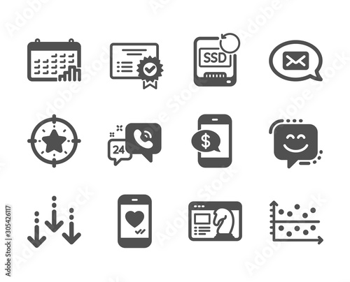 Set of Technology icons, such as Dot plot, Messenger, Star target, Calendar graph, Phone payment, Certificate, Recovery ssd, Scroll down, Seo strategy, Love chat, 24h service, Smile face. Vector