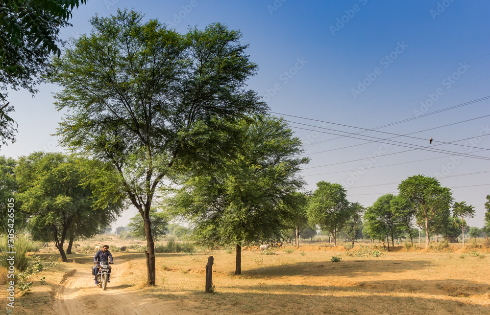 Fototapeta premium Motorcycle on a dirt road in rural Rajasthan, India