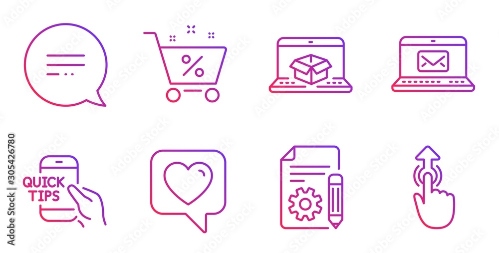 Online delivery, Loan percent and Text message line icons set. E-mail, Heart and Education signs. Documentation, Swipe up symbols. Parcel tracking website, Shopping cart. Technology set. Vector Online delivery, Loan percent and Text message line icons set. E-mail, Heart and Education signs. Documentation, Swipe up symbols. Parcel tracking website, Shopping cart. Technology set. Vector