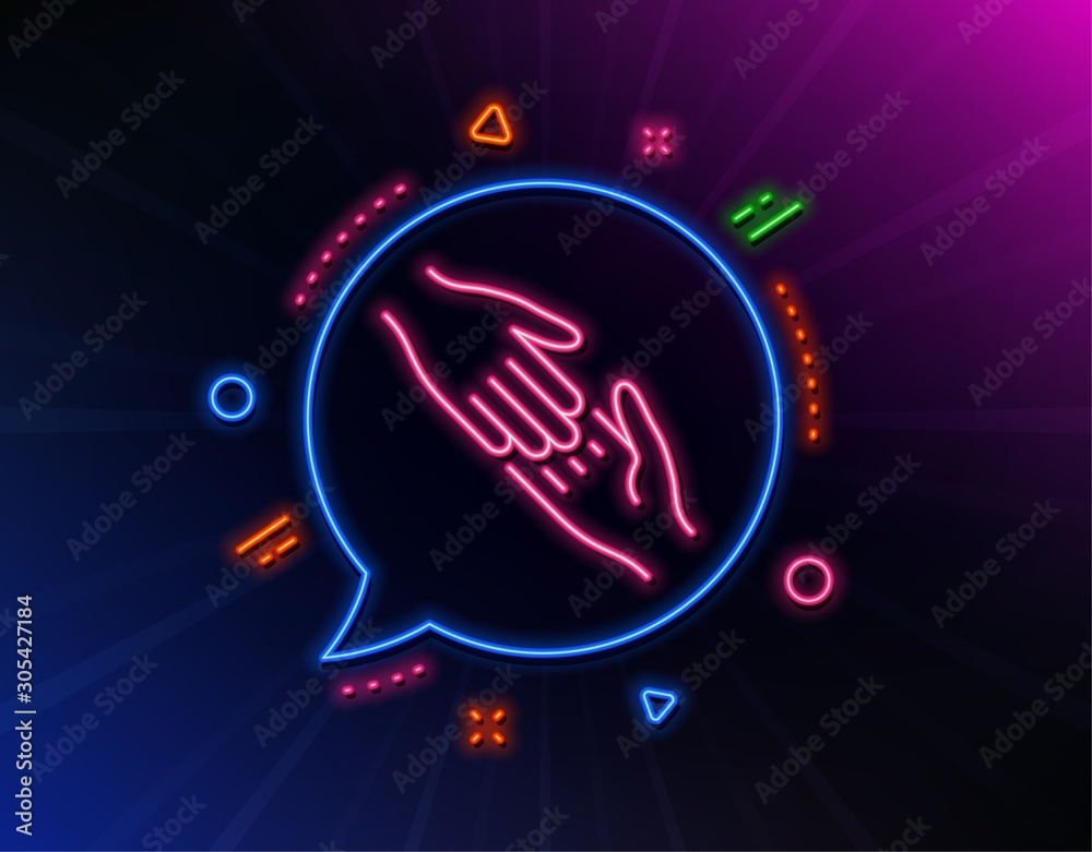 Helping hand line icon. Neon laser lights. Give gesture sign. Charity palm symbol. Glow laser speech bubble. Neon lights chat bubble. Banner badge with helping hand icon. Vector Helping hand line icon. Neon laser lights. Give gesture sign. Charity palm symbol. Glow laser speech bubble. Neon lights chat bubble. Banner badge with helping hand icon. Vector