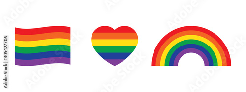 Rainbow colored flag, heart and rainbow icons. LGBTQI concept.