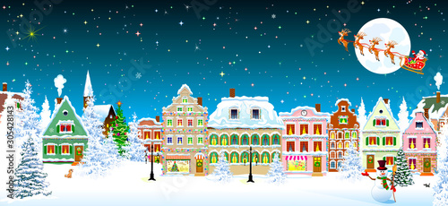 Houses snow Christmas santa snowman. Houses, city, church, spruce. Winter city landscape. Christmas Eve night. Starry night sky. Santa Claus on a sleigh with deers on the background of the moon. Snowm