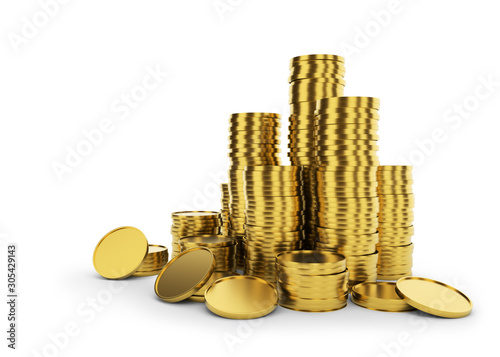 Gold coins stacks on white background photo