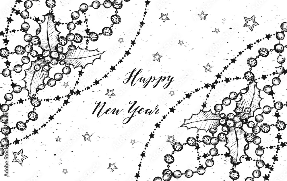 Happy New Year. Vector illustration,garlands, mistletoe, stars, card for you, handmade, prints on T-shirts, background white