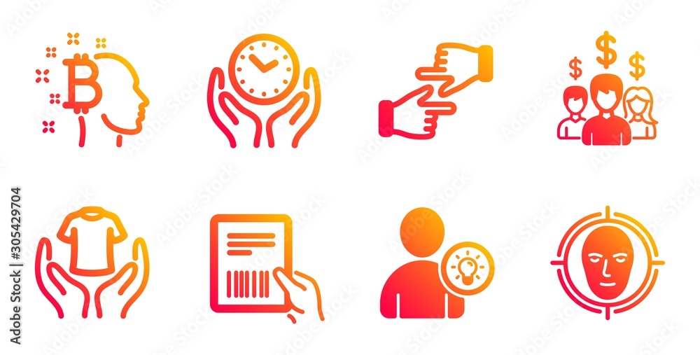 Salary employees, Safe time and Bitcoin think line icons set. Parcel invoice, Hold t-shirt and Click hands signs. User idea, Face detect symbols. People earnings, Hold clock. People set. Vector
