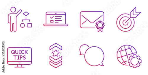 Verified mail, Messenger and Algorithm line icons set. Target, Web lectures and Shoulder strap signs. Web tutorials, Globe symbols. Confirmed e-mail, Speech bubble. Education set. Vector
