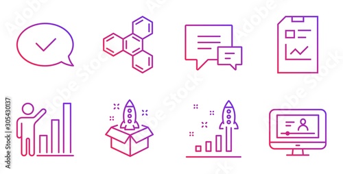 Graph chart, Startup and Comment line icons set. Development plan, Report document and Chemical formula signs. Approved message, Online video symbols. Growth report, Innovation. Vector