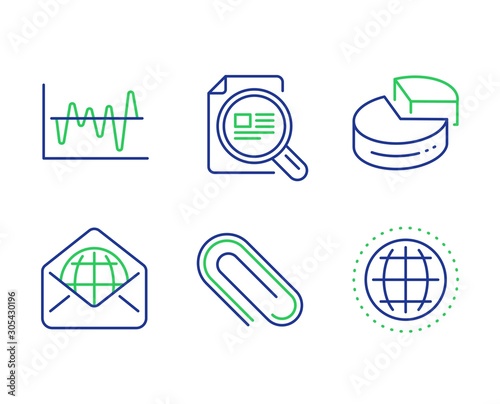 Web mail, Pie chart and Stock analysis line icons set. Paper clip, Check article and Globe signs. World communication, 3d graph, Business trade. Attach paperclip. Education set. Vector