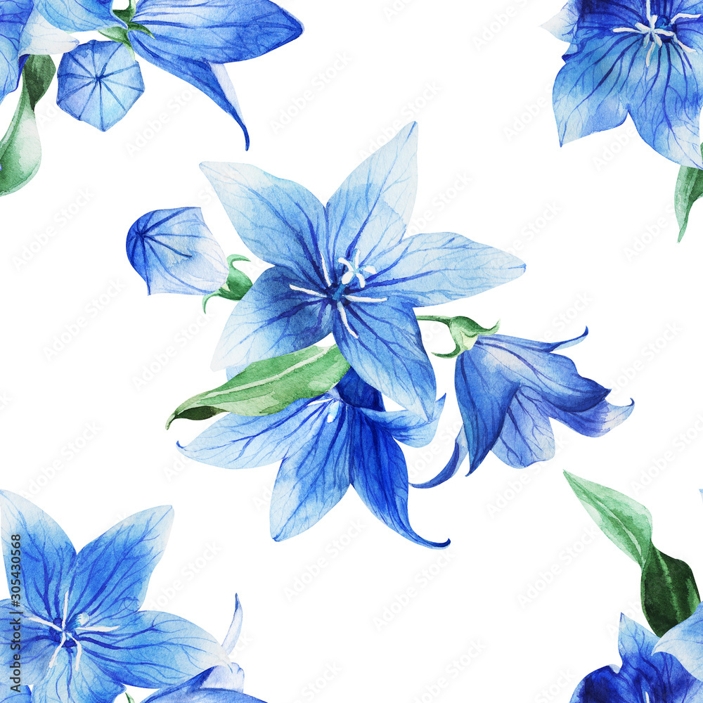 Watercolor seamless pattern with bellflower, bluebell on an isolated ...