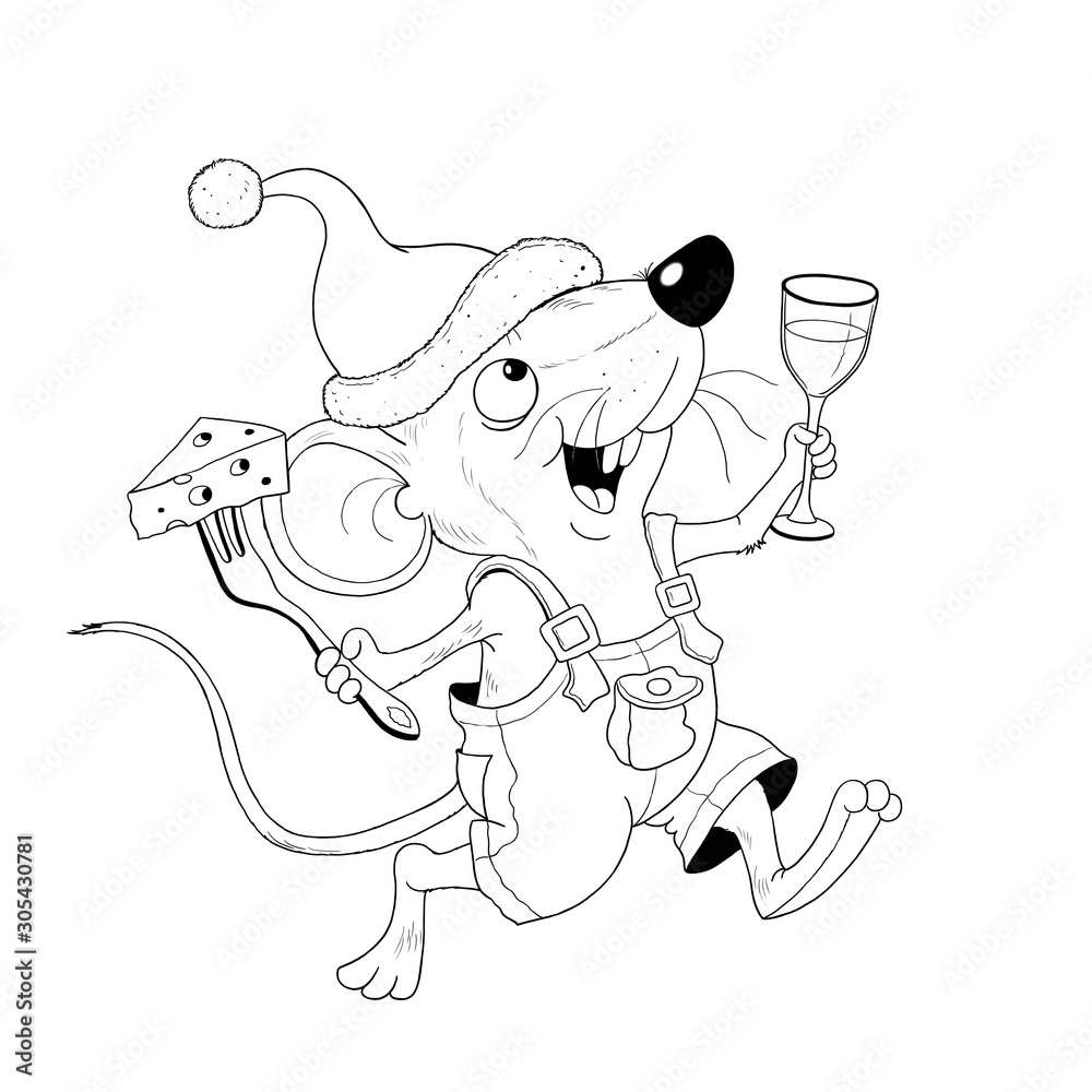 Obraz premium New 2020 Year. Christmas. Year of the Rat. Coloring page. Illustration for children. Cute and funny cartoon characters