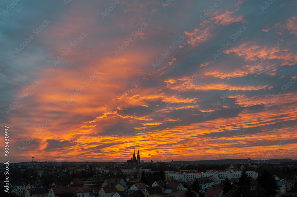 Sunset over the skyline of Regensburg in Germany